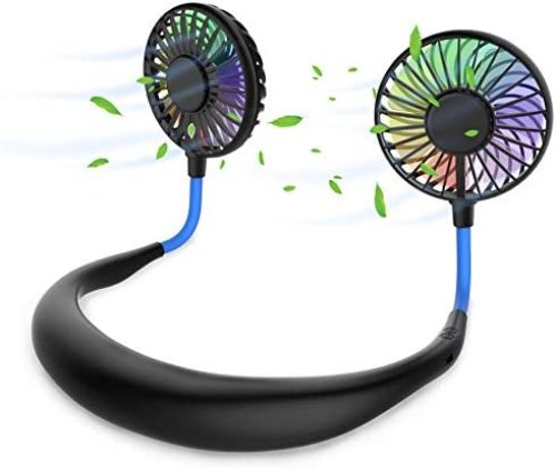 Hands Free Portable Neck Fan – Rechargeable Mini USB Personal Fan Battery Operated with 3 Level Air Flow, 7 LED Lights for Home Office Travel Indoor Outdoor (Black+Blue)