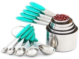 VOJACO 10 Piece Measuring Cups and Spoons Set, Stainless Steel Measuring Cups and Spoons with Silicone Handle, Metal Kitchen Tools and Gadgets for Cooking, Baking, Dry, Wet Food Measurement (Teal)