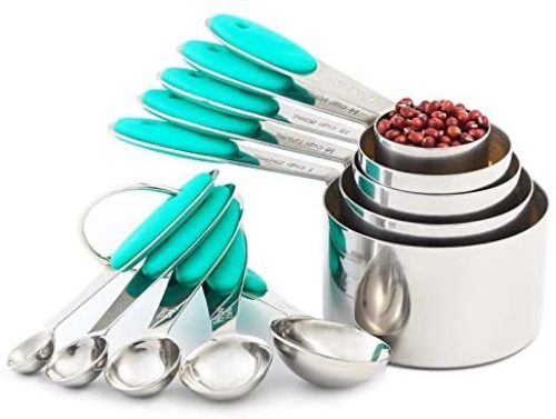 VOJACO 10 Piece Measuring Cups and Spoons Set, Stainless Steel Measuring Cups and Spoons with Silicone Handle, Metal Kitchen Tools and Gadgets for Cooking, Baking, Dry, Wet Food Measurement (Teal)