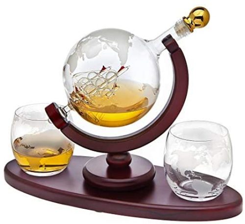 Whiskey Decanter Globe Set with 2 Etched Globe Whisky Glasses – for Liquor, Scotch, Bourbon, Vodka – 850ml