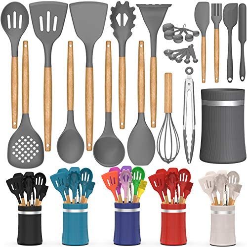 26 Pcs Kitchen Cooking Utensils Set, AIKKIL Heat Resistant Silicone Cooking Kitchen Utensils Spatula Set with Holder, Wooden Handle Non-stick Silicone Kitchen Gadgets Utensil Set (Grey)