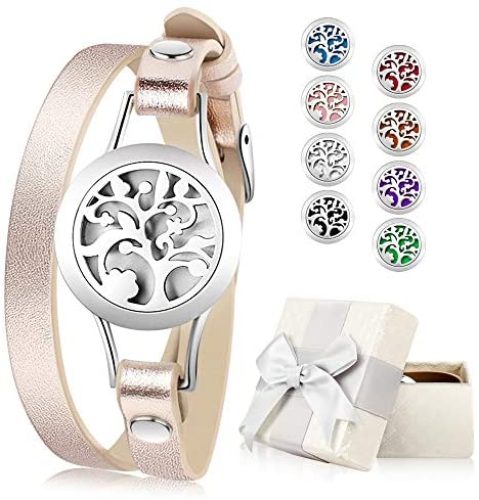 Essential Oil Diffuser Bracelet, Aromatherapy Bracelet Jewelry Stainless Steel Locket Leather Band with 8pcs Washable Refill Pads Birthday Gifts for Women,Girlfriend, Mother,Sister,Aunt