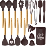 Kinfayv Silicone Cooking Utensils Kitchen Utensil Set, 21 PCS Wooden Handle Nontoxic BPA Free Silicone Spoon Spatula Turner Tongs Kitchen Gadgets Utensil Set for Nonstick Cookware with Holder (Coffee)