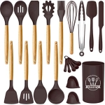 Kinfayv Silicone Cooking Utensils Kitchen Utensil Set, 21 PCS Wooden Handle Nontoxic BPA Free Silicone Spoon Spatula Turner Tongs Kitchen Gadgets Utensil Set for Nonstick Cookware with Holder (Coffee)