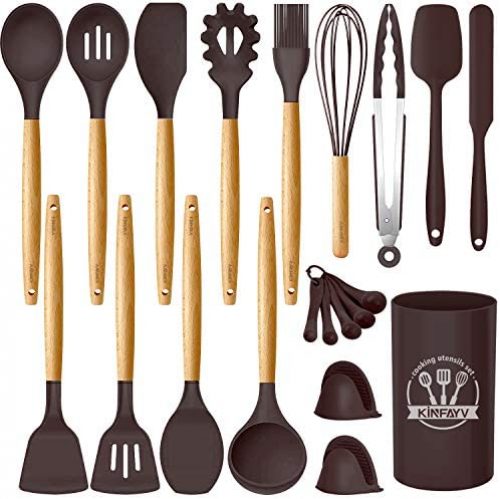 Kinfayv Silicone Cooking Utensils Kitchen Utensil Set, 21 PCS Wooden Handle Nontoxic BPA Free Silicone Spoon Spatula Turner Tongs Kitchen Gadgets Utensil Set for Nonstick Cookware with Holder (Coffee)