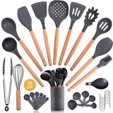 35PCS Silicone Kitchen Cooking Utensils Set with Wooden Handle, Kitchen Gadget Utensil Sets With Holder for Countertop Best Kitchen Cookware Non-stick Heat Resistant BPA Free Non-Toxic Dark Grey