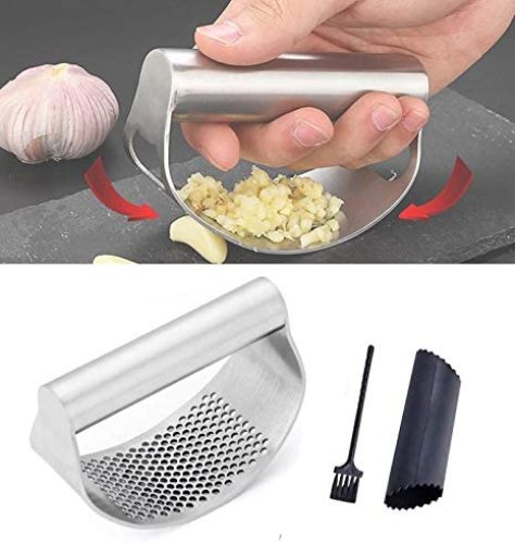 Garlic Press Stainless Steel Rocker, Premium Stainless Steel Garlic Press Set with Silicone Garlic Brush Garlic Peeler, Easy Operate Garlic Mincer Scraper Crusher Roller Twist Kitchen Gadget