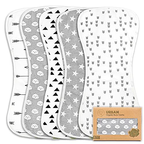 5-Pack Organic Burp Cloths for Baby Boys and Girls – Ultra Absorbent Burping Cloth, Burp Clothes, Newborn Towel – Milk Spit Up Rags – Burpy Cloth Bib for Unisex, Boy, Girl – Burp Cloths (Grayscape)