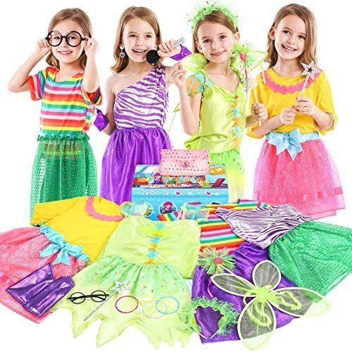 Teuevayl Little Girl Dress up Trunk Set, 20PCS Girls Pretend Play Princess Role Play Costumes Set, Singer, Princess, Fairy Costume for Girl Ages 3-6